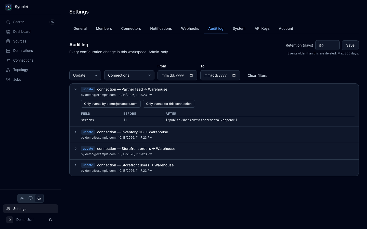 The audit log filtered to connection updates, with one event expanded to show the streams it changed