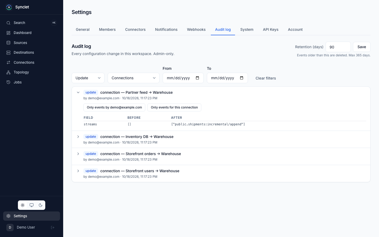 The audit log filtered to connection updates, with one event expanded to show the streams it changed