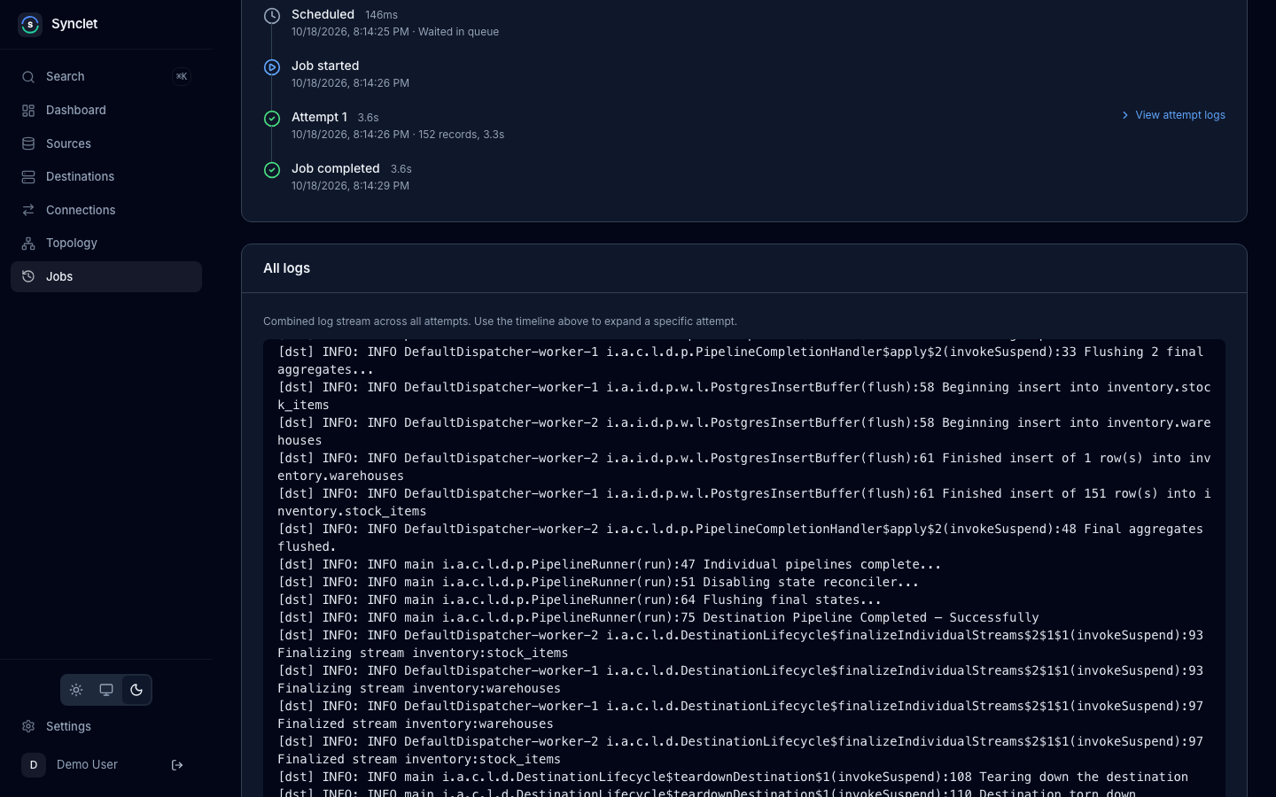 A job page: the run timeline with its attempt, and the combined source and destination logs