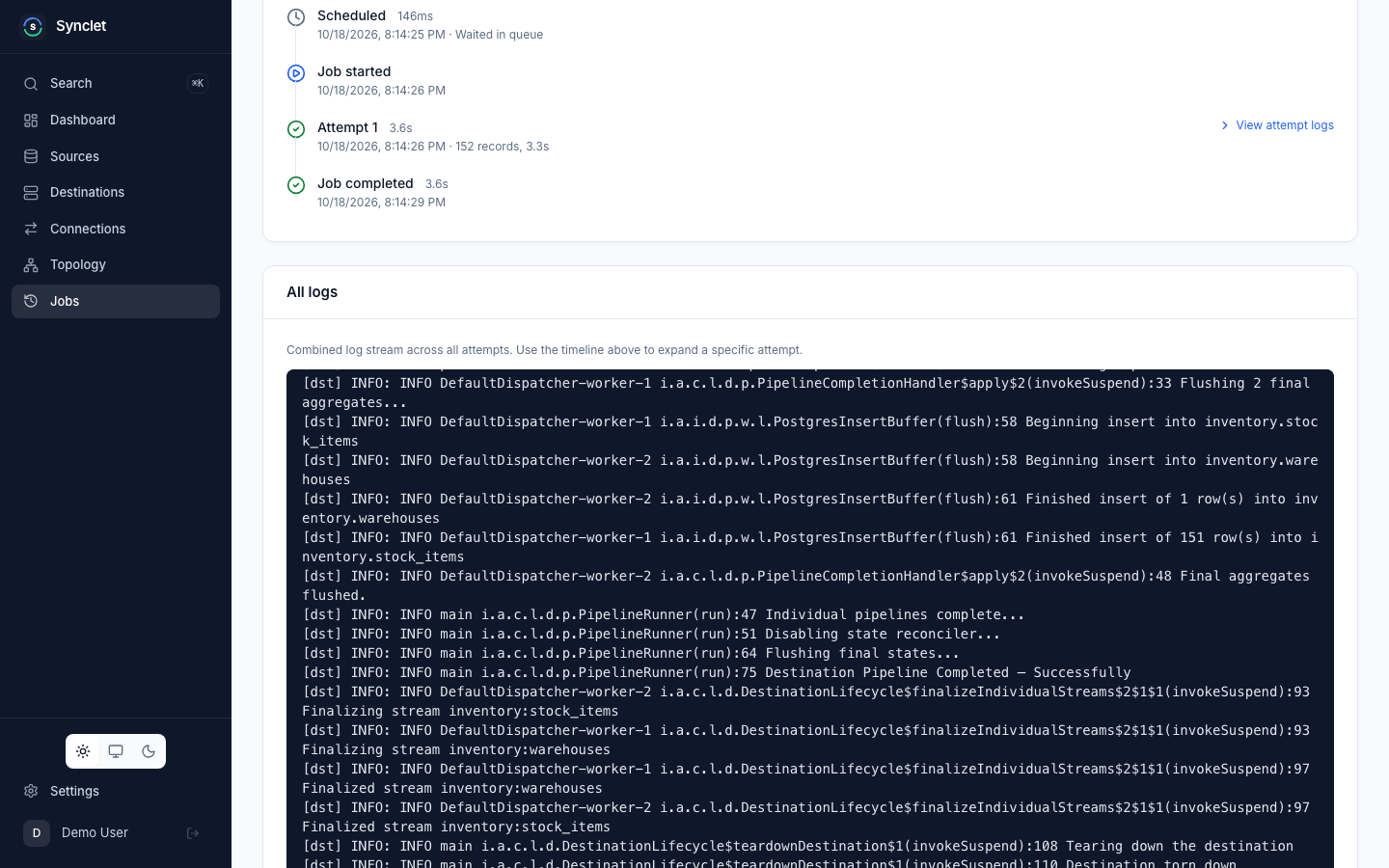 A job page: the run timeline with its attempt, and the combined source and destination logs